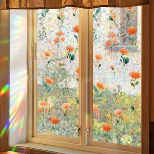 2D Colorful Floral Flower Glass Door & Window Decorative Sticker, Static Decal Roll, Wholesale No Glue, Home Decor, Single Pack