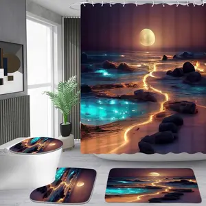 1/4 piece dreamy moonlight fluorescent coast pattern shower curtain set, waterproof shower curtain with 12 hooks, non-slip bathroom carpet, toilet U-shaped cushion, toilet seat cover cushion, bathroom shower curtain set, perfect moving gift.