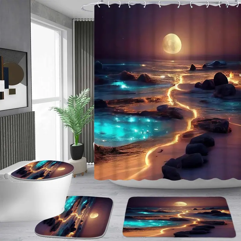 Classic Fabric Shower Curtain Sets with Dreamy Moonlight Fluorescent Coast Geometric Pattern, 12 Hooks, Waterproof U-Shape Toilet Mat, Non-Slip Bathroom Carpet, Toilet Seat Cover Cushion, 3D HD Pattern, Adjustable Calming Bathroom Decor, Ideal Moving Gift
