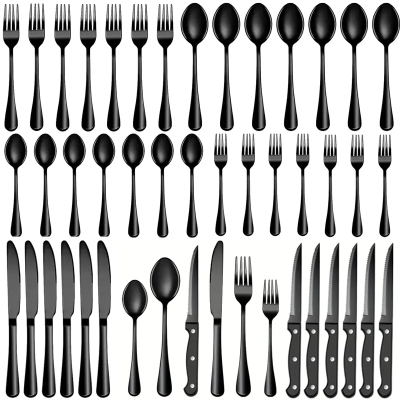 24-Piece Black Stainless Steel Silverware Set with Steak Knives - Mirror Finish Tableware for 4, Kitchenware Tableware Utensils, Metal Utensil Set, Dishwasher Safe Cutlery for Home & Restaurant
