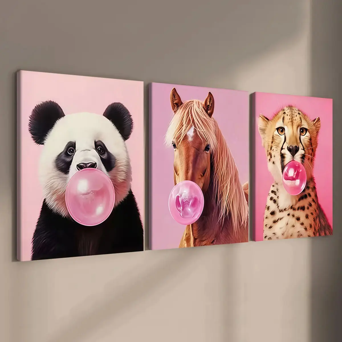 3-count wooden frame canvas, pink cute pet bubble-blowing three-piece decorative poster, perfect living room and bedroom decoration, fashionable family poster, modern wall art, Aesthetic Wall Decor, Indoor Room Decor, Modern Home Decor