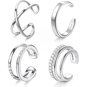 4Pcs S925 Sterling Silver Ear Cuffs for Women, Non‑Piercing Clip On Cartilage Earrings, Adjustable Rose Gold Ear Cuff Wrap Earrings Set