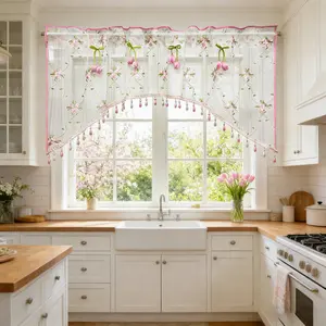 1 PC Pink Tulips Sheer Kitchen Curtains Swag Floral Sheer Valance for Batch Dining Arched Door,Pink Floral Vines Embroidered Window Treatment with Beaded Trim, Scalloped Kitchen Living Room Drapes Rod Pocket