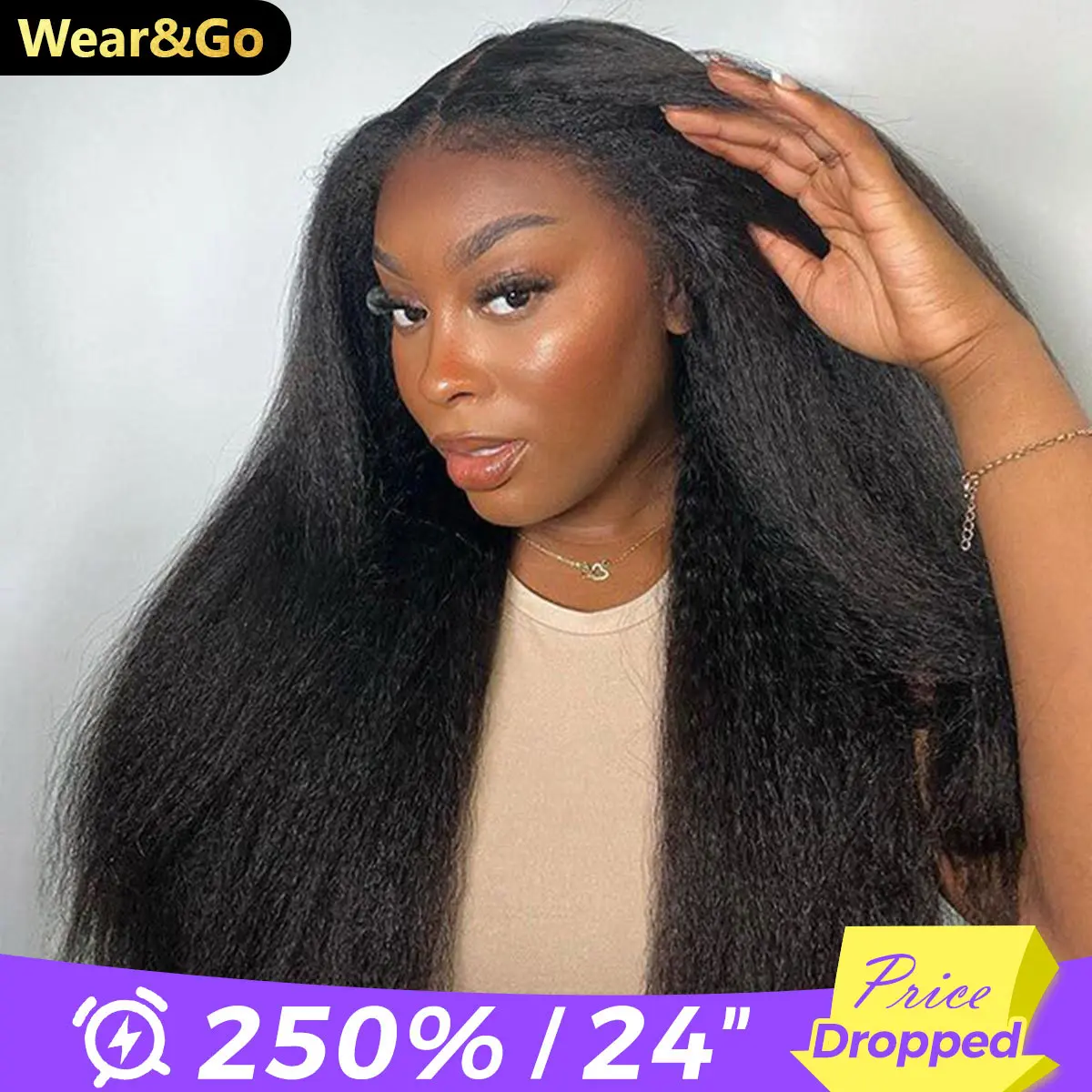 [Limited Deal] OQ HAIR Kinky Straight Hair V Part Wig With Drawstring No Leave Out Thin Part Human Hair Glueless Wigs Beginner Friendly