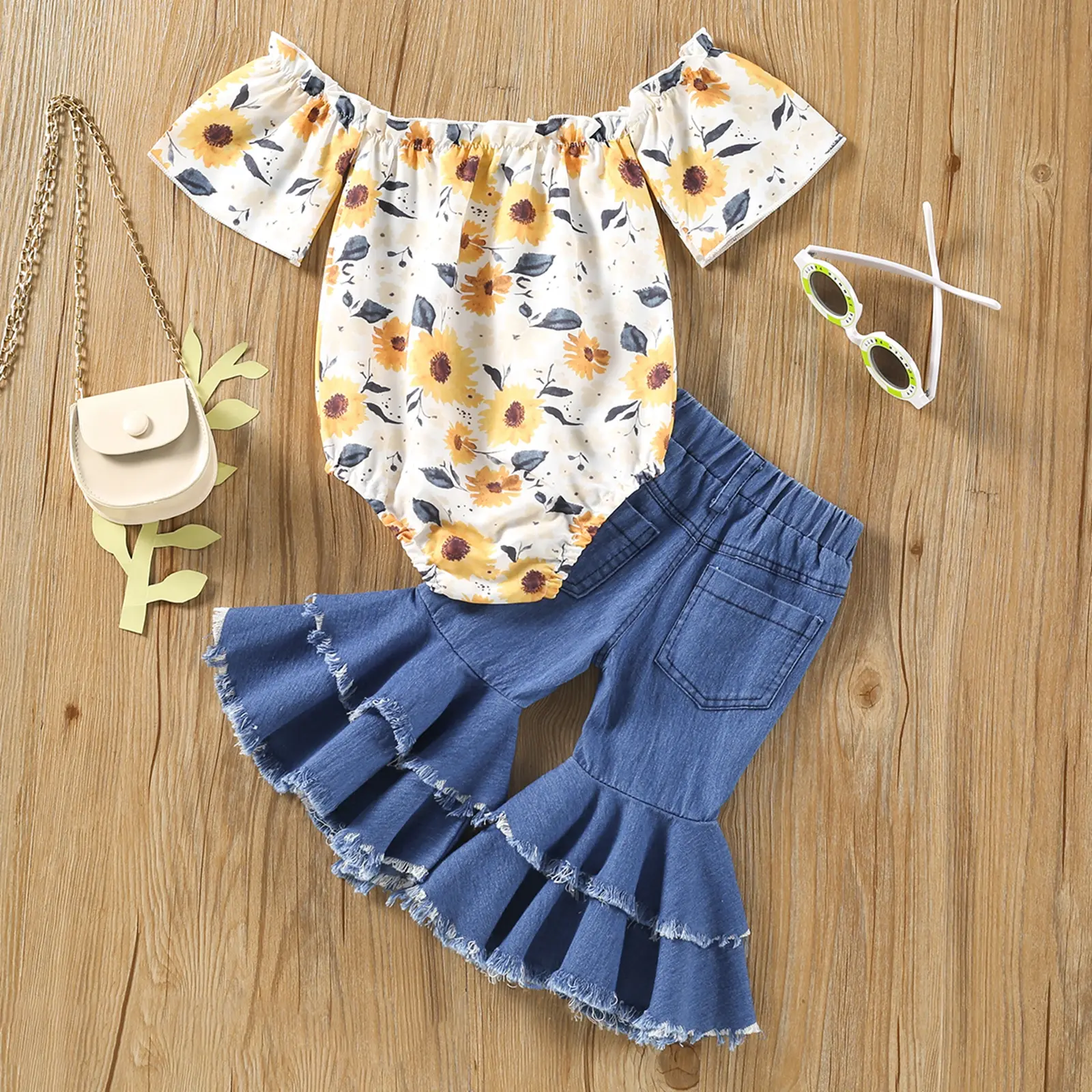 Infant Girl Bell Bottoms Outfit Sunflower Off Shoulder Bodysuit Romper Denim Flared Pants Summer Jean 2 Pieces Set