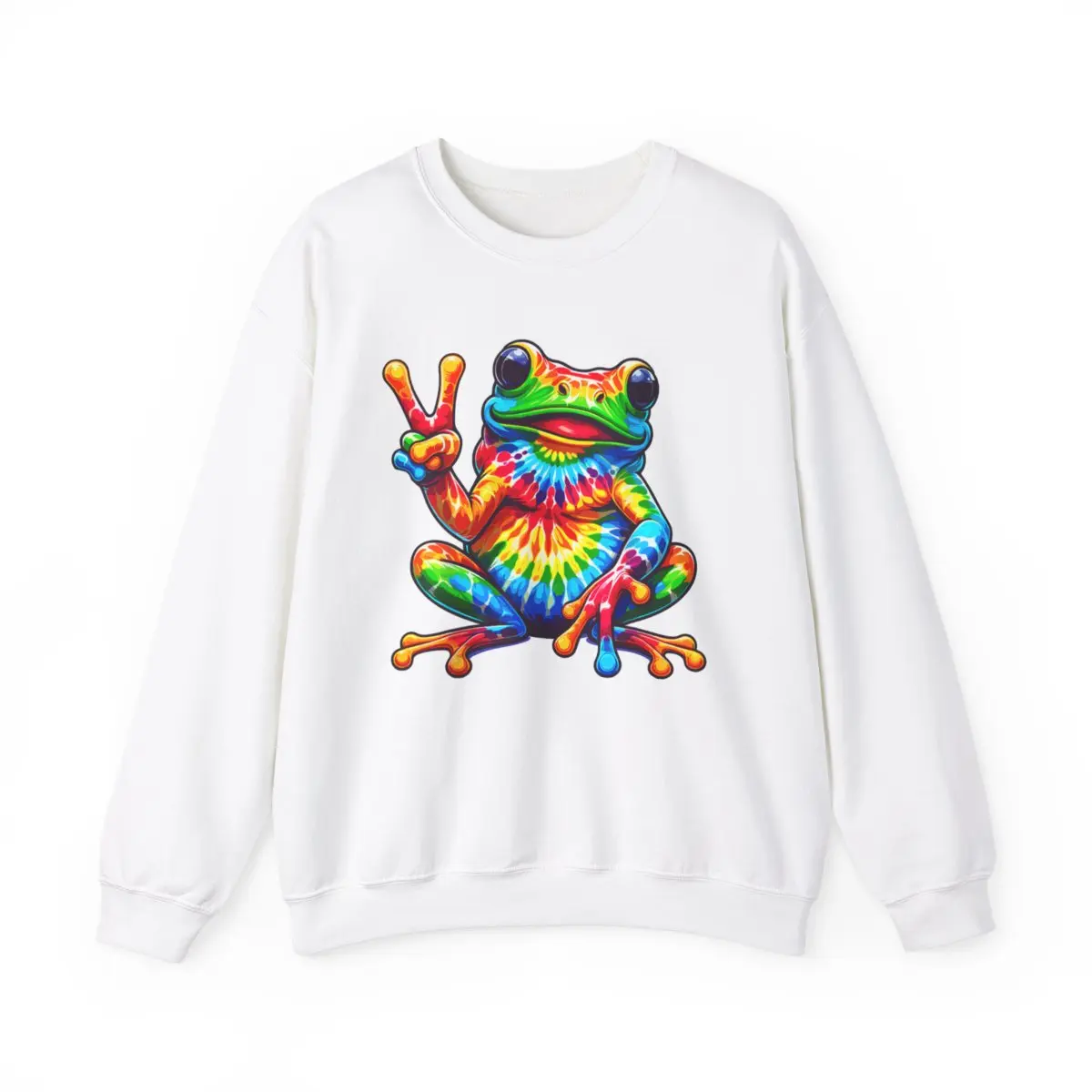 Tie-Dye Peace Sign Sweatshirt, Hippie Frog Jumper, Vibrant Boho Pullover, Groovy Crewneck Top, Retro Rainbow Sweater