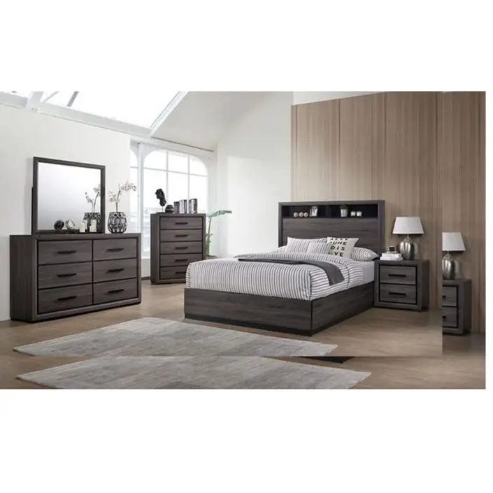 CM7549-4PC 4 pc Flemming Conwy Two Tone Black and Grey Finish Wood Queen Bookcase Headboard Bedroom Set with Nightstand Dresser and Mirror