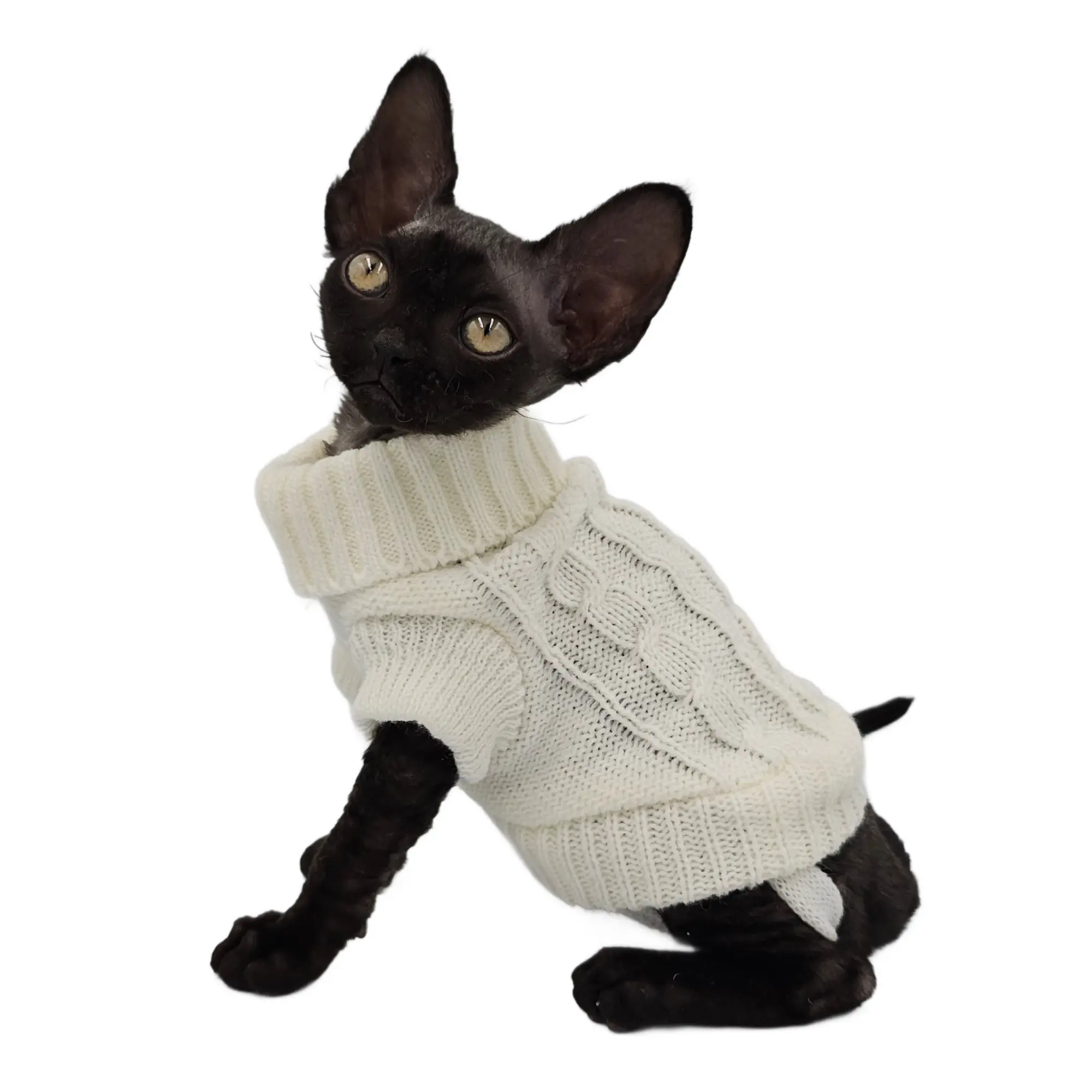 YokoKat Turtleneck Cat Sweater in White for Cats, Kittens, and Small Dogs