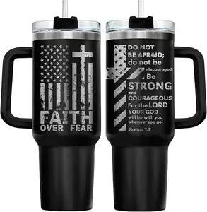 40oz Stainless Steel Insulated Portable Faith-Based Water Bottle Set with Handle, Straw, Lid - Christian Patriotic Drinkware, Faith Over Fear Travel Mug, Birthday Gift for Strong Men, Insulation