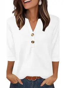 Womens V Neck Henley Shirts Casual Short Sleeve Button Up T Shirts Loose Fit Boho Floral Print Blouses Tunic Tops