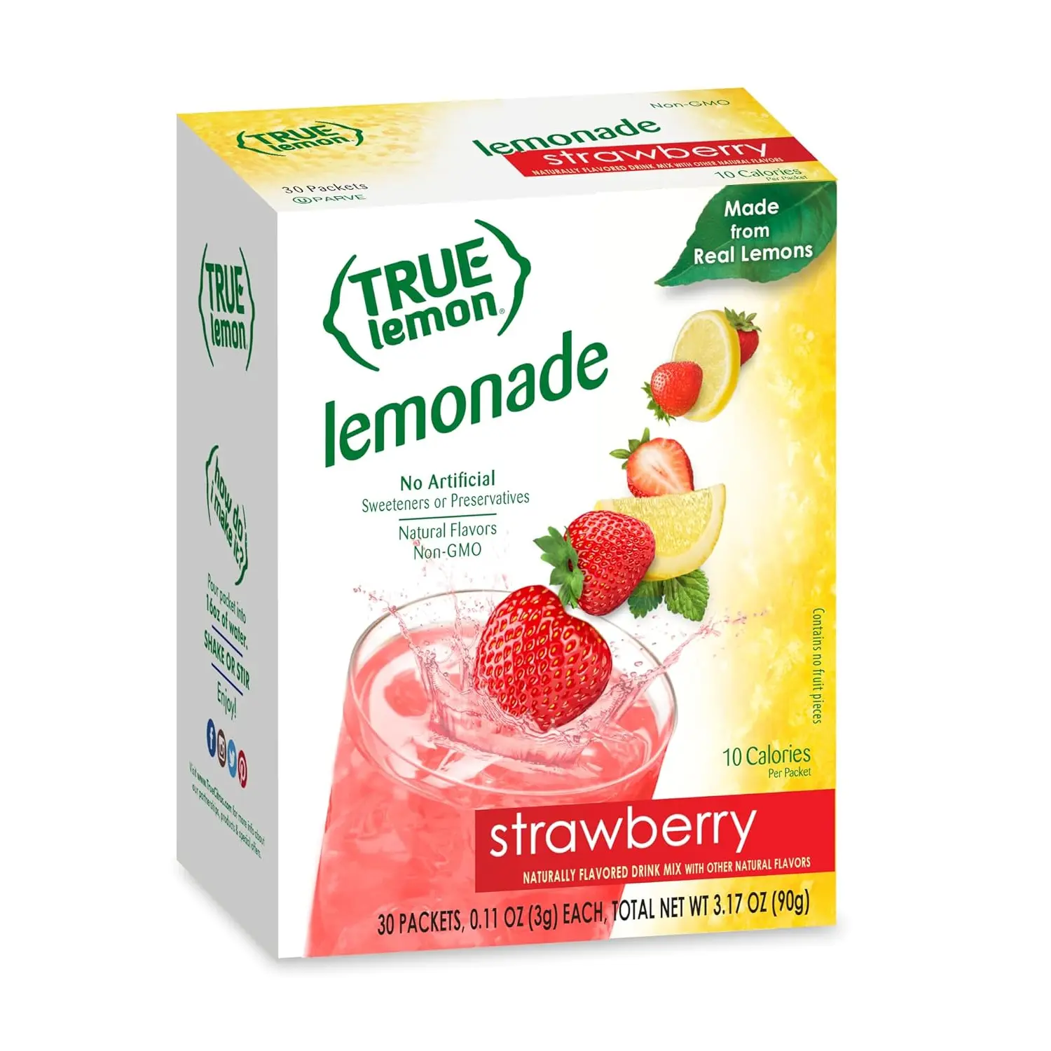 True Lemon Strawberry Lemonade Water Enhancer Drink Mix (30 Count), Low Calorie Drink Mix Packets for Water, Powdered Drink Mixes & Flavorings, Individual Drink Packets, Water Flavor Packets with Stevia