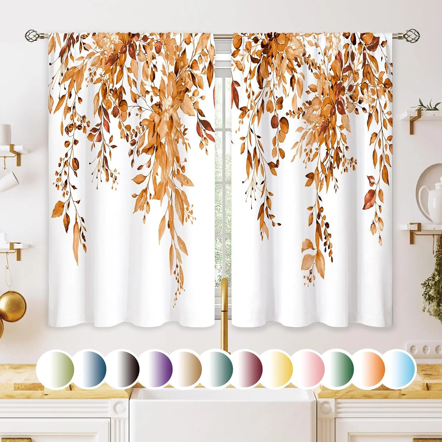 Botanicals Cafe Curtains - Orange Eucalyptus Leaf Floral Design, Wrinkle Resistant, 50% Room-Darkening, 2 Panels, 27.5 x 39 in Farmhouse Short Drapes for Kitchen Window Over Sink, Small Bathroom