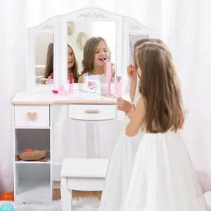 【GARVEE】Kids Vanity Pretend Play Set with Stool and Tri-Fold Mirror, Toddler Dressing Table Featuring Storage Drawers and Open Shelves, White, Suitable for Ages 3 and Up