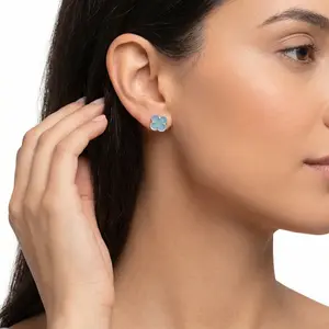 S925 Light Blue Real Silver flower Earring 925 Fine Silver