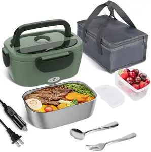 Electric Lunch Box Food Heater, 80W Electric Heating Lunch Boxes Lunch for Car/Men/Adults/Home/Work, 1.5L Removable 304 Stainless Steel Container, 110V/12V/24V, with Fork & Spoon