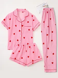 Women's Sleepwear Set, Short Sleeve Cardigan Top + Shorts + Long Pants, Striped Heart Print, Casual Fitted Style, All over Print
