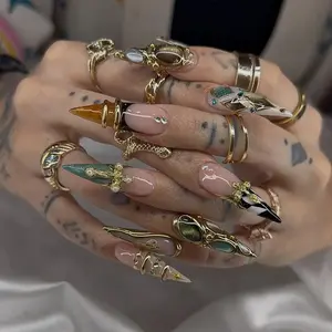 Handcrafted Gothic Press On Nails | Intricate Ancient Sword & Amber Crystal Gel Nails Set with Premium Gems