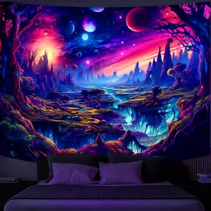 Fantasy Planet Tapestry, Blacklight Forest Natural Landscape Retro Aesthetic Wall Hanging, UV Reactive Sunset Trees Tapestries for Bedroom, Living Room