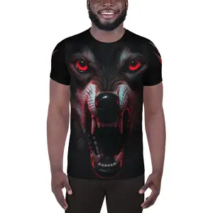 Red-Eyed Alpha Wolf Athletic Tee Forged In Darkness AOP Shirt 92% Polyester 8% Spandex Moisture Management Soft Stretch Fabric UPF 50+ Protection