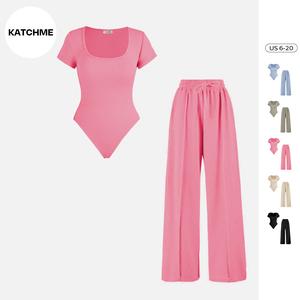 KatchMe Women's Minimalist Square Neck Bodysuit & High Waist Wide Leg Trousers Co-ord, Shapewear Bodysuit, Casual Two-piece Outfit for Womenswear