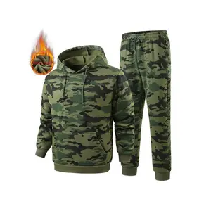 Unisex Camouflage Fleece Sports Set with Hooded Sweatshirt and Elastic-Waist Pants, Warm Lamb Wool Two-Piece for Men and Women