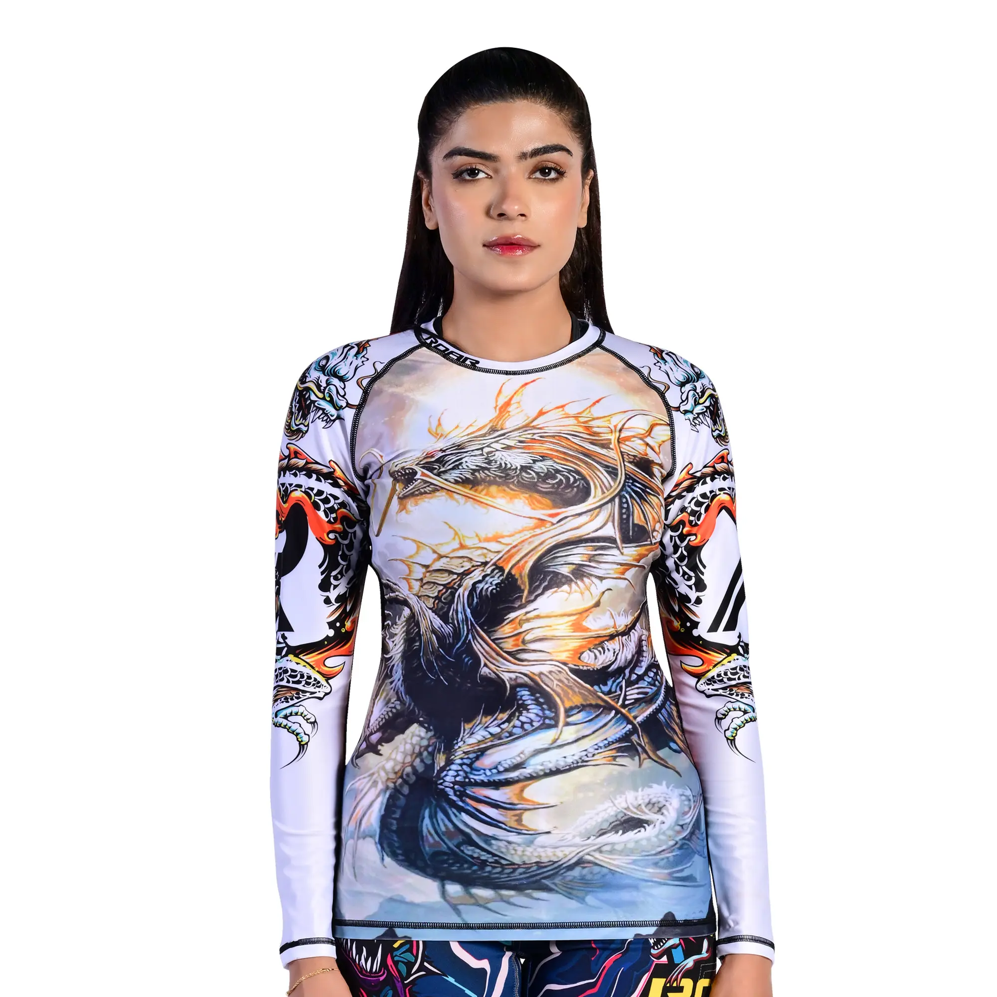 ROAR-INT White Dragon Women’s Long Sleeve MMA BJJ No-Gi Grappling Jiu Jitsu Rash Guard