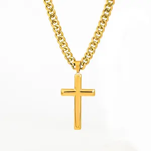 Cuban Chain 18K Real Gold Plated 7mm Width Necklace with Large Cross Pendant Stainless Steel Unisex Religious Jewelry