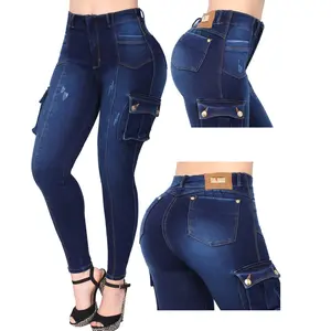 Lady's Minimalist Basic Denim Bottoms, Onyx Cargo Colombian Butt-Lift Jeans