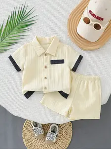 Summer casual comfortable shorts set for baby boys, button-down T-shirt with shorts, fashionable and handsome summer cool and fresh shorts set for baby boys, style solid color set, baby boys shorts set, back to school outfit, Toddler Outfit