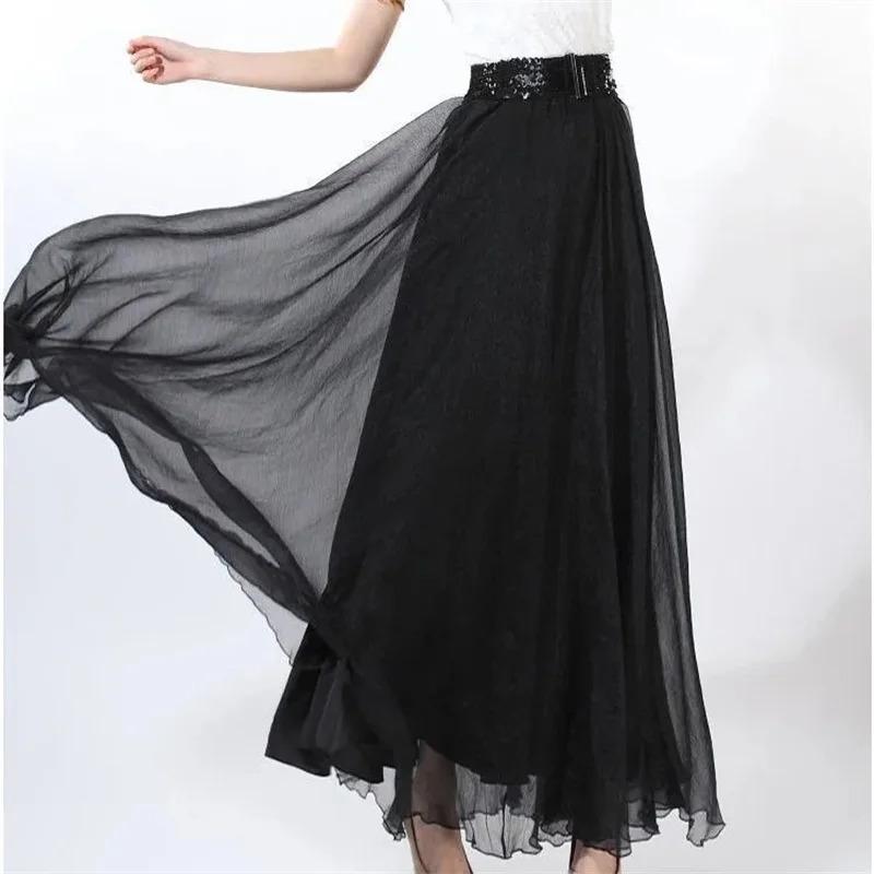 2025 New Fashion Women Chiffon Long Skirts High Waist Floor Length Ruffles White Summer Boho Maxi Skirt Saia Longa Faldas