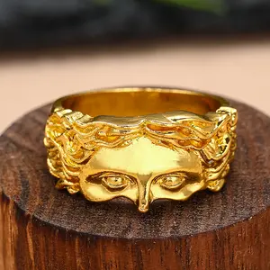 Vintage Gold Color Jesus Half Face Open Ring for Men Women Retro Religious Belief Jewelry Pure Copper Finger Rings Bands Gifts