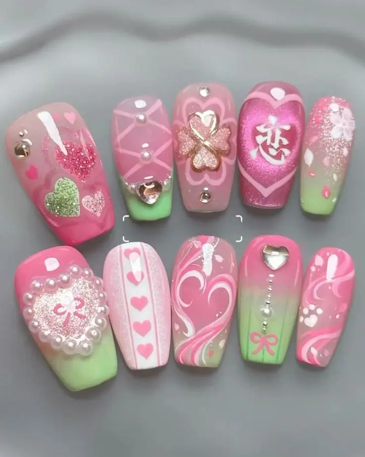 Mitsuri Kanroji Inspired Press On Nails Handmade Y2K Coquette Pink Green Ombre Heart Pearl False Nails | FREE Adhesive Tabs FREE Nail File FREE Cuticle Stick
