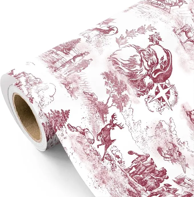WRAPAHOLIC Toile Vintage Christmas Wrapping Paper - Mini Roll - 17 Inch x 16.5 Feet - Santa Toile de Jouy Red Christmas Wrapping Paper for Xmas Holiday, Party Celebration
