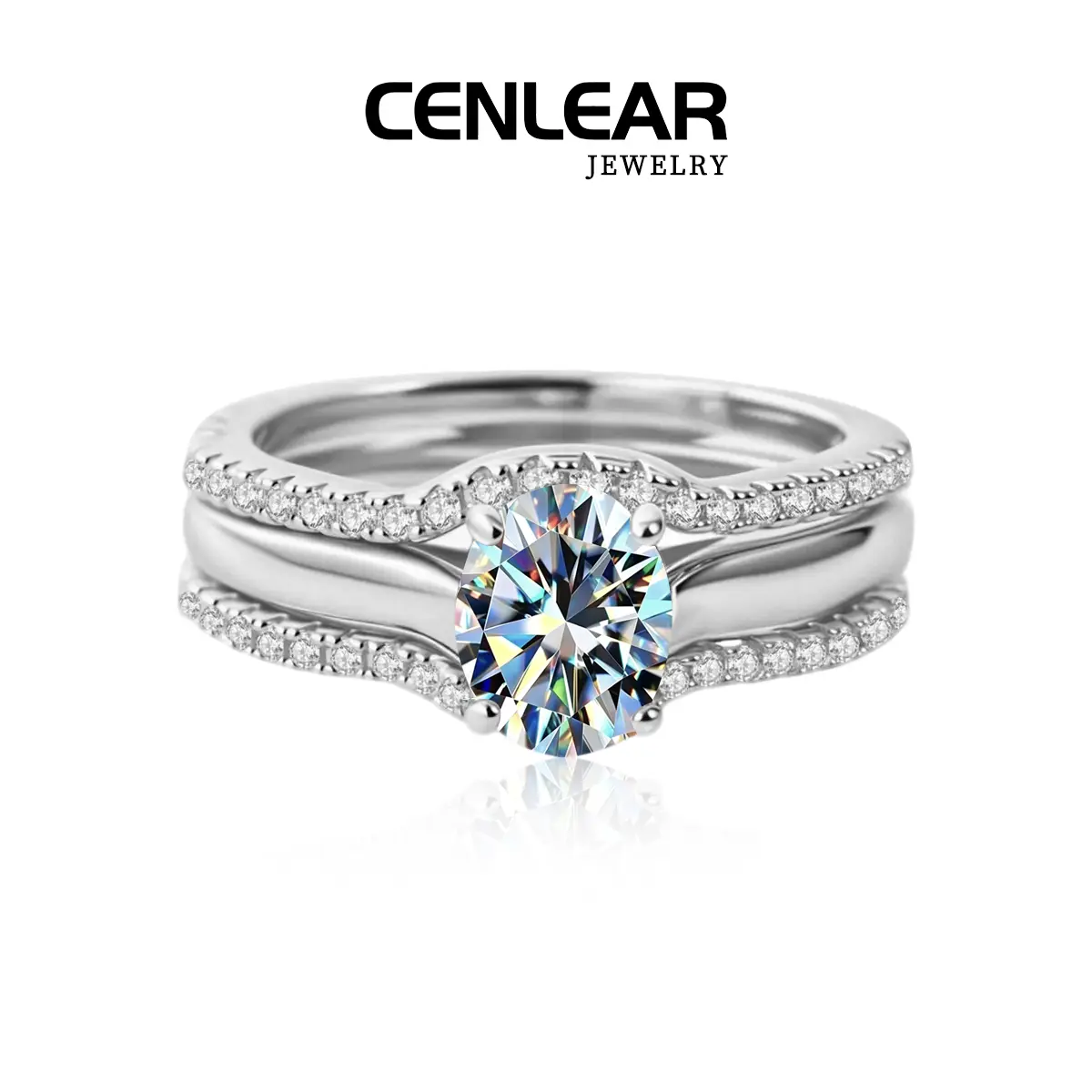 CENLEAR Adult Female 2-Ct VVS Grade Synthetic Moissanite Engagement Ring Set - 3-Layer Solitaire Stackable Band, Real Moissanite Piece, Ideal Wedding Anniversary Gift, Moissanite Wedding Band