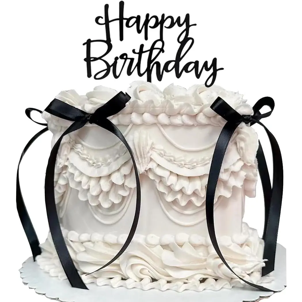 XY-SO18 Sturdy Plastic/Fabric Bow Cake Topper with Happy Birthday Sign - Coquette Themed Black Vintage Heart Decoration, Easy-to-Use Pink Ornaments for Cake/Dessert