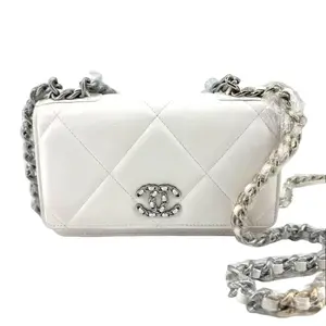 Pre-owned CHANEL Lambskin Quilted 19 Wallet On Chain WOC White with Silver Hardware