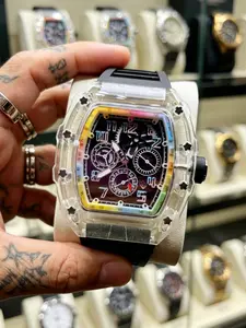 Men's High-End Barrel Transparent Quartz Watch, Trendy Rainbow Dial Waterproof Wristwatch, Luxury Hollow Student Sports Watch, Business Casual Fashion Watch