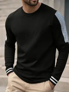 Men's Loose-Fit Casual Pullover Sweater, Breathable Plain Color Block Design, Comfortable & Stylish for Fall Winter Wear