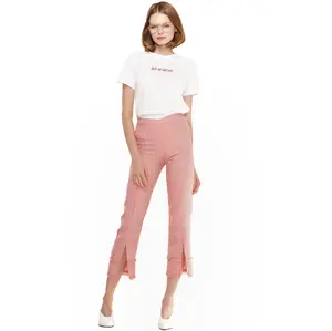 Women's Fringe Trim Slit Hem Red Gingham Pants