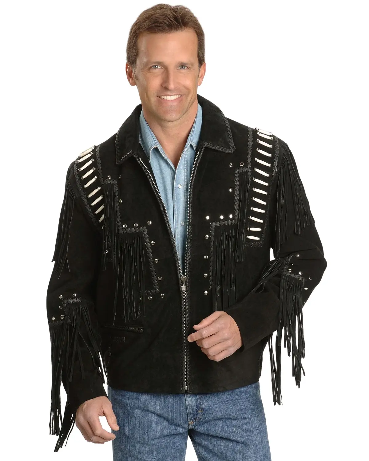 Liberty Wear Men's Bone Fringed Leather Jacket - 483-Black Liberty Wear Men's Bone Fringed Leather Jacket - 483-Black