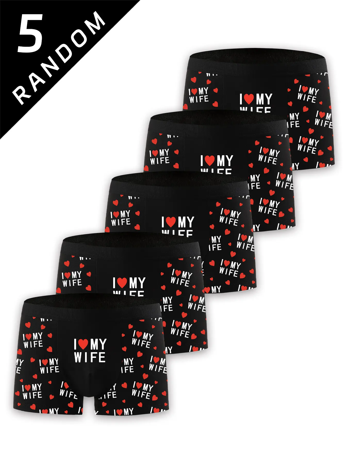 Men's Casual Fitted Underwear Set Undergarments, Heart Print Boxers, Comfortable Daily Wear, Sweet Style 'i Love My Wife' Print, All Seasons, Moderate Fabric Thickness