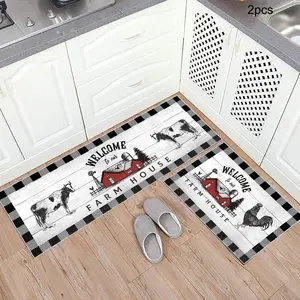 Farmhouse Kitchen Mat, 2 Counts/set Kitchen Rugs Sets Buffalo Plaid Rooster & Cow Pattern Cow Print Rug Kitchen Rug, Washable Non-slip Kitchen Mat for Floor Decor