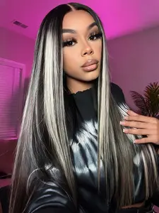 Highlight Skunk Stripe White Synthetic Lace Front Wig Long Straight Colored Mixed White Black 13x4 Lace Front Wigs For Women Pre Plucked Natural Hairline 28 Inch Glueless Frontal Wig
