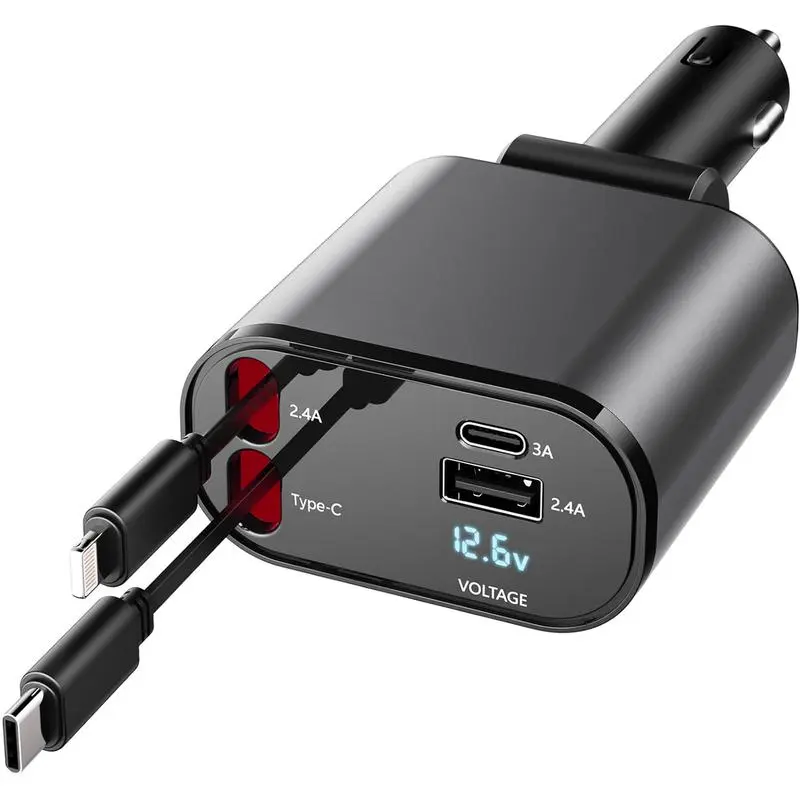 4 in 1 Retractable Car Charger, USB C FastCharging Adapter[Max100W] with LightningCable&Dual Charge Port Compatible with iPhone15/14/13 Pro Max Plus/iPad/AirPods,SamsungGalaxy S23/S22/S10,Google Adjustable Cellphone