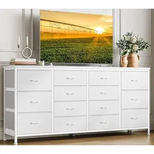 63" Fabric TV Stand Dresser with 14 Drawers, Power Outlets for 65-75 Inch TVs