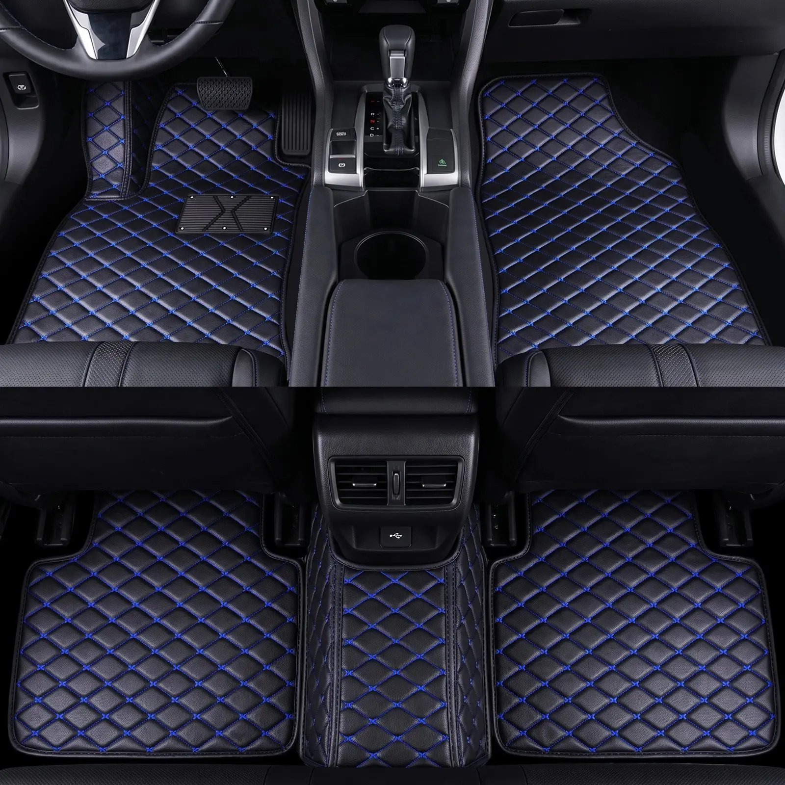Custom Fit Car Floor Mats for Honda Civic 2016-2021 Sedan & Si Full Set, PU Leather Vehicle Interior Accessories, Waterproof, Anti-Slip Base, Improved Stability, All Weather Protection, Easy to Clean Flat Mats
