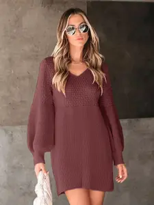 Women's Plain Lantern Sleeve V Neck Sweater Dress, Casual Fitted Long Sleeve Short Jumper Dress for Spring & Fall, Womenswear, Women's Knitwear for Everyday Wear