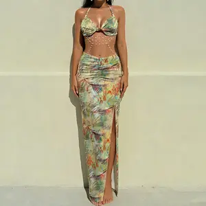 Women's Halter Long Dress Summer Printed Backless Deep V Neck Sleeveless Bead Chain Bodycon Dress