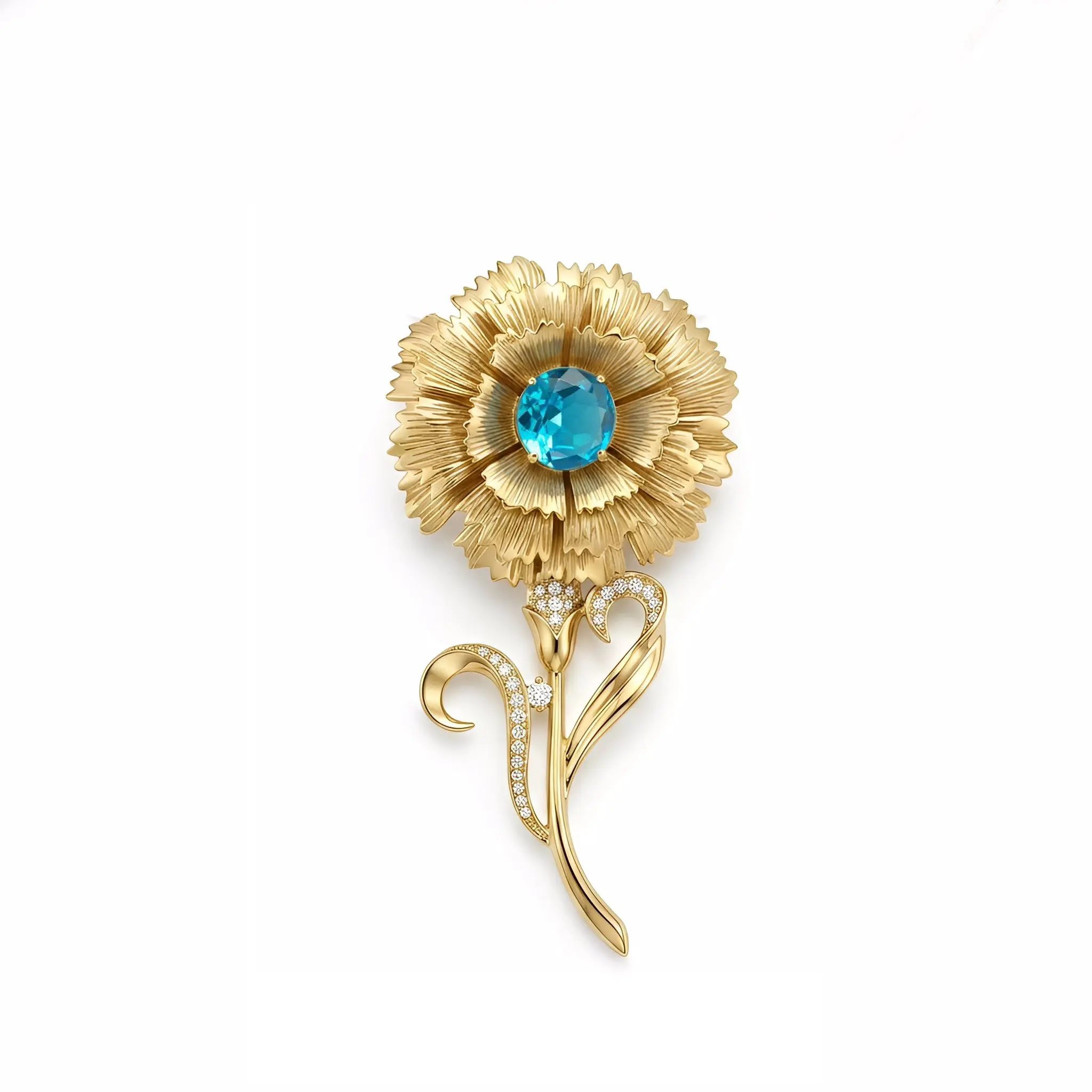 Gold Flower Brooch Necklace – 18K Gold Plated Brass, Blue CZ Center