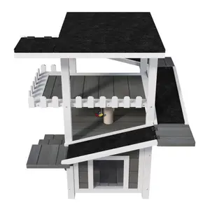 4 Tiers Outdoor Cat House Weatherproof Cat Tree Tower with Waterproof Roof and 2 Doors , Feral Cat Shelter Outside Enclosure, Multi-Level Play Zones with Balcony, for Small Animals